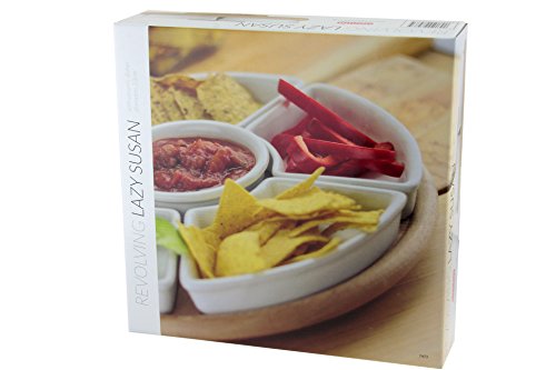 apollo THE HOUSEWARES BRAND Rotating Lazy Susan Dip Set - Hevea Wood with 6 Ceramic Dishes - Size 35cm - Light Brown / White Ceramic Dishes