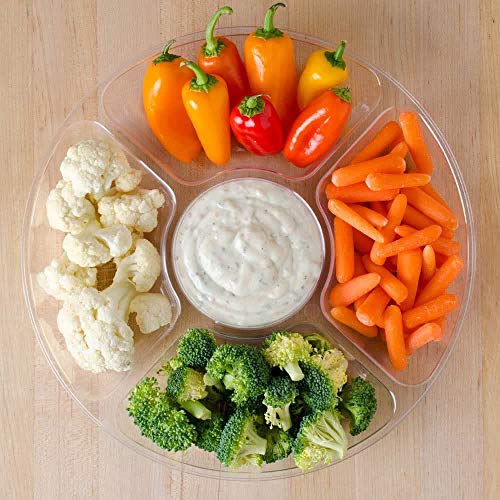 STACKABLES Pack of 3 Plastic Compartment Trays with Flat Lids - Reusable Serving Platters for Parties - Compartment Appetizer Platter - 5 Sections - Clear - 12" (30cm)