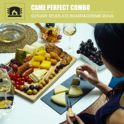 Bamboo Cheese Board Knife Set,Large Charcuterie Platter and Serving Meat Board with Slate Stone and Ceramic Bowls, Wooden Serving Platter, Unique Gifts for Christmas Wedding Birthday Anniversary