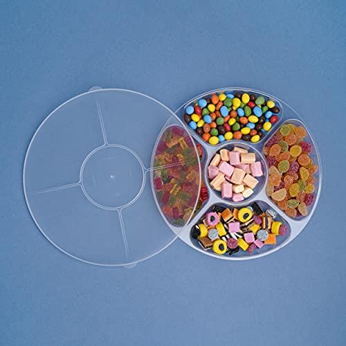 STACKABLES Pack of 3 Plastic Compartment Trays with Flat Lids - Reusable Serving Platters for Parties - Compartment Appetizer Platter - 5 Sections - Clear - 12" (30cm)
