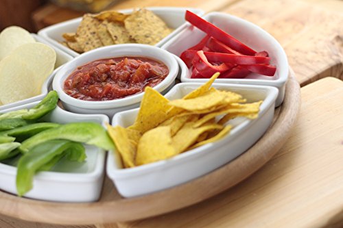 apollo THE HOUSEWARES BRAND Rotating Lazy Susan Dip Set - Hevea Wood with 6 Ceramic Dishes - Size 35cm - Light Brown / White Ceramic Dishes