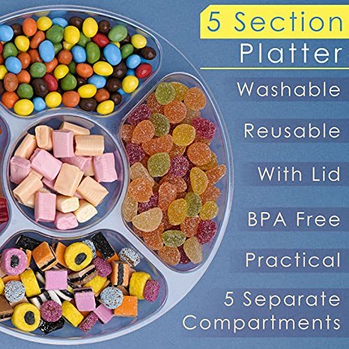 STACKABLES Pack of 3 Plastic Compartment Trays with Flat Lids - Reusable Serving Platters for Parties - Compartment Appetizer Platter - 5 Sections - Clear - 12" (30cm)