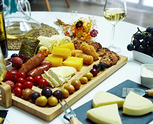 Bamboo Cheese Board Knife Set,Large Charcuterie Platter and Serving Meat Board with Slate Stone and Ceramic Bowls, Wooden Serving Platter, Unique Gifts for Christmas Wedding Birthday Anniversary