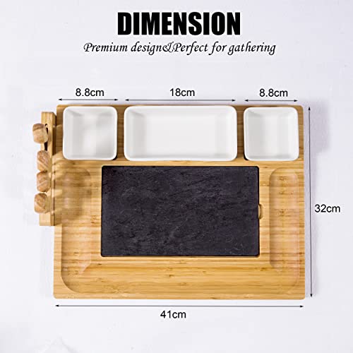Bamboo Cheese Board Knife Set,Large Charcuterie Platter and Serving Meat Board with Slate Stone and Ceramic Bowls, Wooden Serving Platter, Unique Gifts for Christmas Wedding Birthday Anniversary