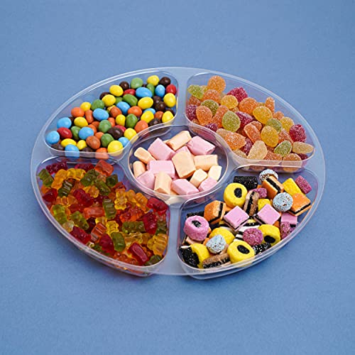 STACKABLES Pack of 3 Plastic Compartment Trays with Flat Lids - Reusable Serving Platters for Parties - Compartment Appetizer Platter - 5 Sections - Clear - 12" (30cm)