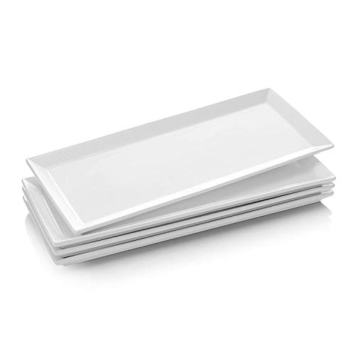 DOWAN Serving Platter, 14.5"/36.8cm Large Rectangle Dinner Plates White, Porcelain Serving Plates for Appetizers, Meat, Dessert, Pasta, Buffets, Party, Dishwasher & Microwave Safe, Set of 4
