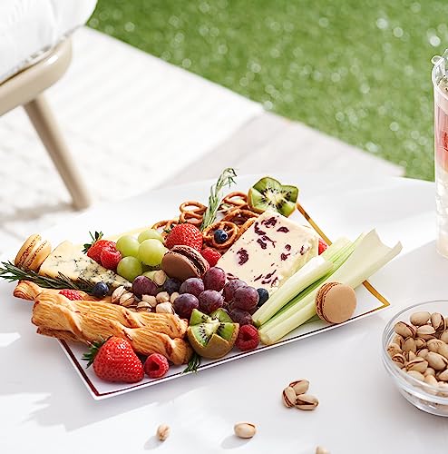 MATANA - Reusable Serving Trays 6 Pack - Plastic Platters for Party Food - Serving Set for Birthdays, Weddings, & Graduation Parties - White Rectangle Plates with Trim, 12” x 9”