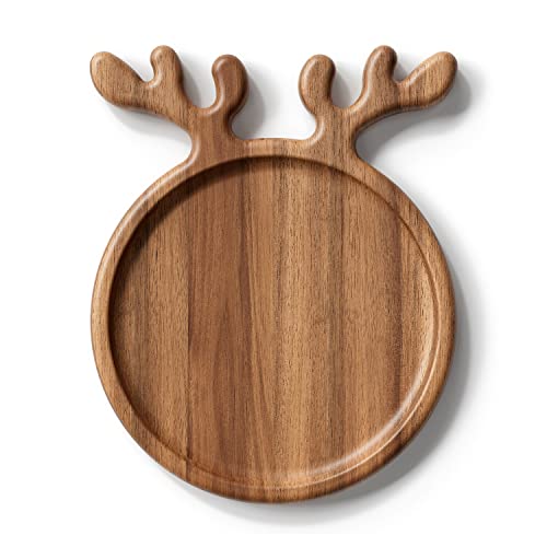 Dofira Acacia Wood Serving Platter with Antler Handles, Decorative Plate Kitchen Organizer, Round Wooden Food Tray for Snack Fruit Appetizer, Gift for Christmas, Wedding, Birthday (25.4x20.4cm)