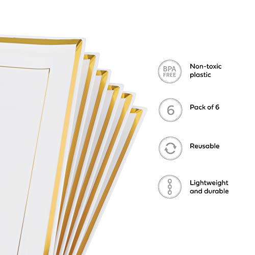 MATANA - Reusable Serving Trays 6 Pack - Plastic Platters for Party Food - Serving Set for Birthdays, Weddings, & Graduation Parties - White Rectangle Plates with Trim, 12” x 9”