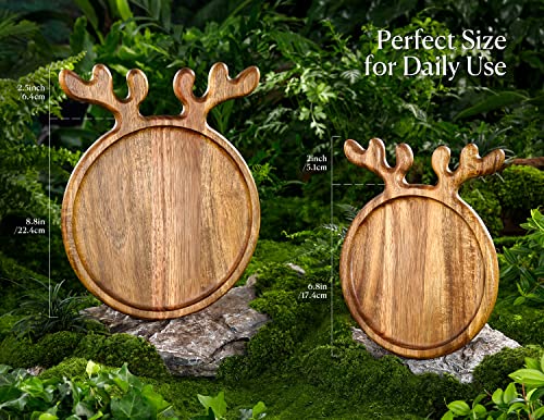 Dofira Acacia Wood Serving Platter with Antler Handles, Decorative Plate Kitchen Organizer, Round Wooden Food Tray for Snack Fruit Appetizer, Gift for Christmas, Wedding, Birthday (25.4x20.4cm)