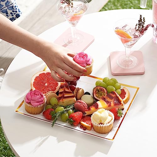 MATANA - Reusable Serving Trays 6 Pack - Plastic Platters for Party Food - Serving Set for Birthdays, Weddings, & Graduation Parties - White Rectangle Plates with Trim, 12” x 9”