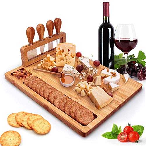 Bamboo Cheese Board Knife Set Charcuterie Platter and Serving Meat Board, Wooden Serving Platter, Unique Gifts for Christmas Wedding Birthday Anniversary