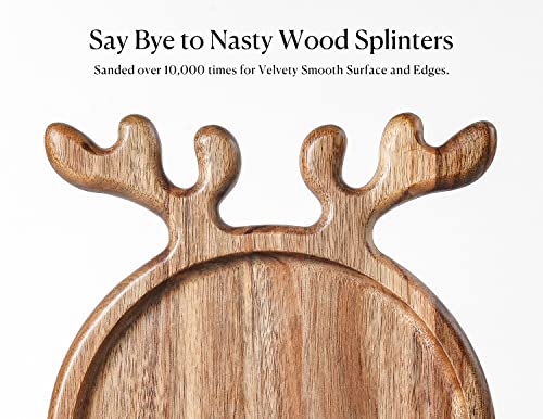 Dofira Acacia Wood Serving Platter with Antler Handles, Decorative Plate Kitchen Organizer, Round Wooden Food Tray for Snack Fruit Appetizer, Gift for Christmas, Wedding, Birthday (25.4x20.4cm)
