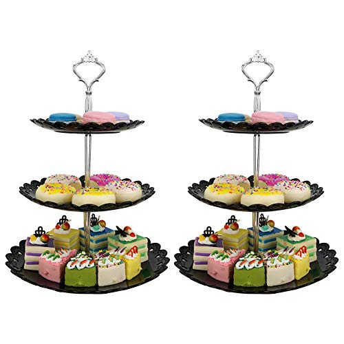 Hetoco 3-tier Black Silver Plastic Dessert Stand Pastry Stand Cake Stand Cupcake Stand Holder Serving Platter for Party Wedding Home Decor-Large-Set of 2