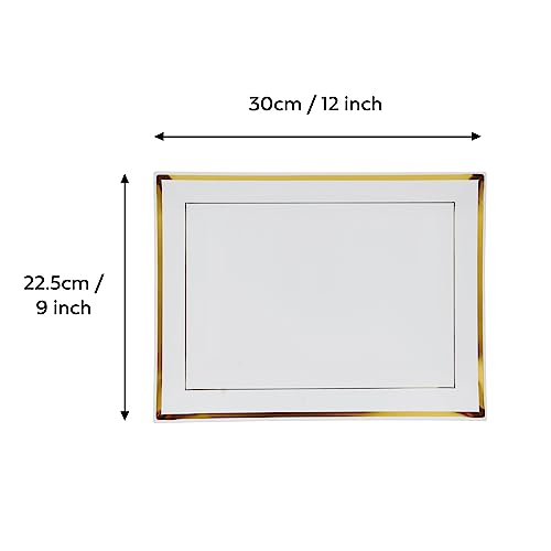 MATANA - Reusable Serving Trays 6 Pack - Plastic Platters for Party Food - Serving Set for Birthdays, Weddings, & Graduation Parties - White Rectangle Plates with Trim, 12” x 9”