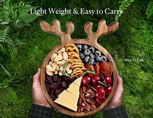 Dofira Acacia Wood Serving Platter with Antler Handles, Decorative Plate Kitchen Organizer, Round Wooden Food Tray for Snack Fruit Appetizer, Gift for Christmas, Wedding, Birthday (25.4x20.4cm)