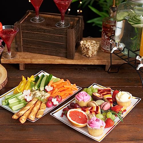 MATANA - Reusable Serving Trays 6 Pack - Plastic Platters for Party Food - Serving Set for Birthdays, Weddings, & Graduation Parties - White Rectangle Plates with Trim, 12” x 9”