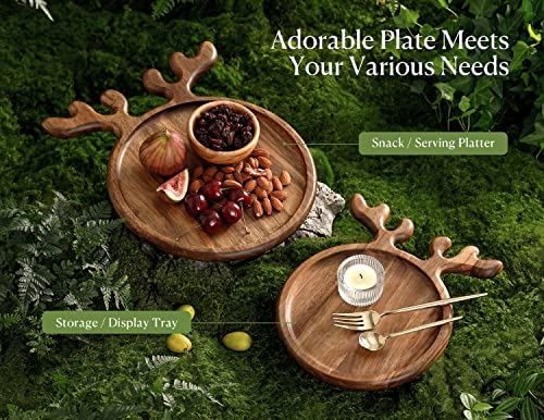 Dofira Acacia Wood Serving Platter with Antler Handles, Decorative Plate Kitchen Organizer, Round Wooden Food Tray for Snack Fruit Appetizer, Gift for Christmas, Wedding, Birthday (25.4x20.4cm)