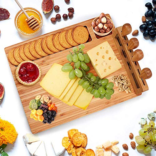 Bamboo Cheese Board Knife Set Charcuterie Platter and Serving Meat Board, Wooden Serving Platter, Unique Gifts for Christmas Wedding Birthday Anniversary