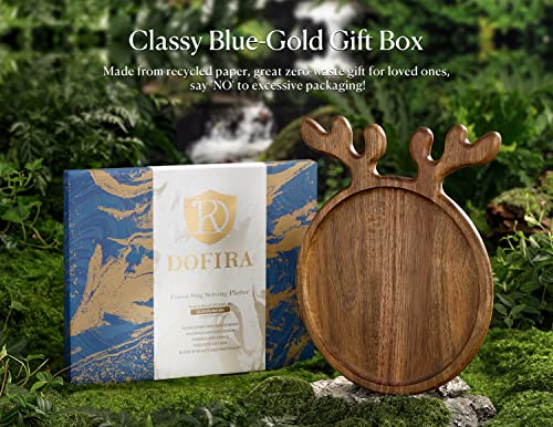 Dofira Acacia Wood Serving Platter with Antler Handles, Decorative Plate Kitchen Organizer, Round Wooden Food Tray for Snack Fruit Appetizer, Gift for Christmas, Wedding, Birthday (25.4x20.4cm)