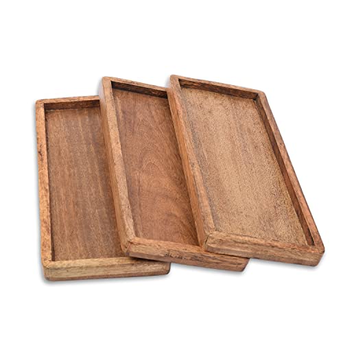 Samhita Mango Wood Serving Platter with Raised Edge -Set of 3 for Display Fruit Snacks Appetizer Sushi Food Decorative (30.48cm x 12.7cm x 1.90cm)