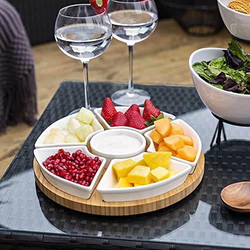Bamboo Rotating Dip Set | Lazy Susan with 6 Ceramic Dishes | Serving Platters | Snack Dishes with Turntable | Dips, Snacks & Appetisers | M&W