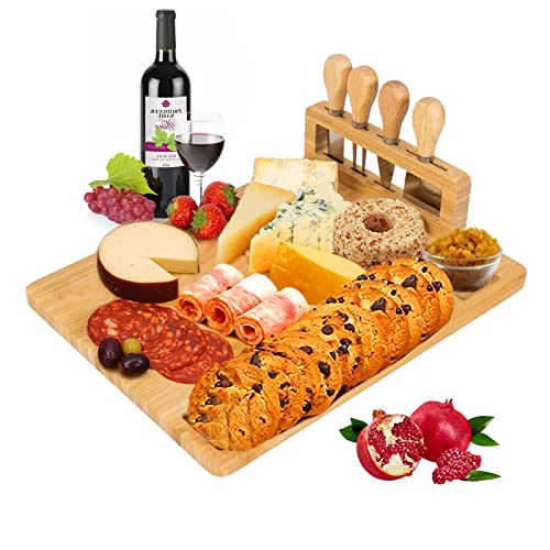 Bamboo Cheese Plate, Cheese Board Set with Cutlery Charcuterie Tray Platter Including 4 Stainless Steel Knife and Serving Utensils for Christmas Wedding Birthday Housewarming Gifts (B, 36cm)