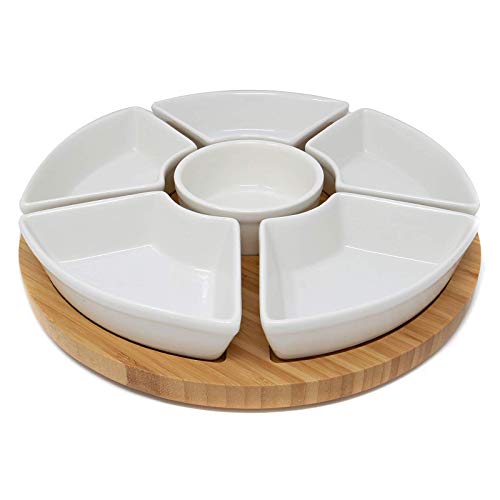 Bamboo Rotating Dip Set | Lazy Susan with 6 Ceramic Dishes | Serving Platters | Snack Dishes with Turntable | Dips, Snacks & Appetisers | M&W