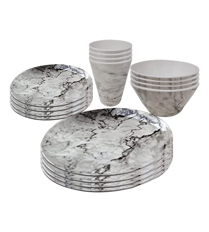 WedDecor 16Pcs Melamine Dinnerware Sets for 4 People for Indoor Outdoor BBQ Garden Picnic or Camping Use, Durable and Lightweight Melamine Dinner Set with Marble Design Plate Bowl & Cups