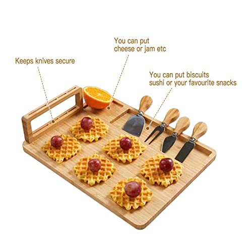 Bamboo Cheese Plate, Cheese Board Set with Cutlery Charcuterie Tray Platter Including 4 Stainless Steel Knife and Serving Utensils for Christmas Wedding Birthday Housewarming Gifts (B, 36cm)