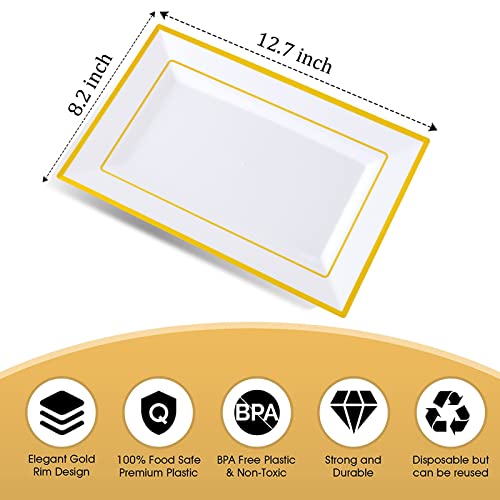 Gikisla Elegant Plastic Serving Platters, 6 Pcs Large Plastic Serving Trays, Rectangle Reusable White&Gold Dinner Plates Set for Parties Snack Food Dessert Sandwiches Cheese Crackers