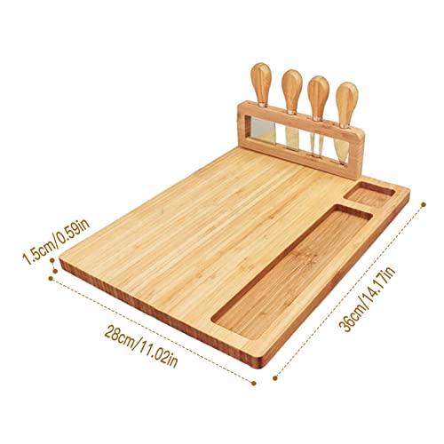 Bamboo Cheese Plate, Cheese Board Set with Cutlery Charcuterie Tray Platter Including 4 Stainless Steel Knife and Serving Utensils for Christmas Wedding Birthday Housewarming Gifts (B, 36cm)