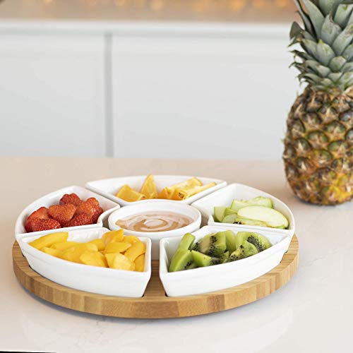 Bamboo Rotating Dip Set | Lazy Susan with 6 Ceramic Dishes | Serving Platters | Snack Dishes with Turntable | Dips, Snacks & Appetisers | M&W