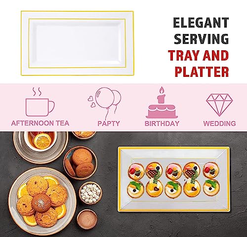 Gikisla Elegant Plastic Serving Platters, 6 Pcs Large Plastic Serving Trays, Rectangle Reusable White&Gold Dinner Plates Set for Parties Snack Food Dessert Sandwiches Cheese Crackers