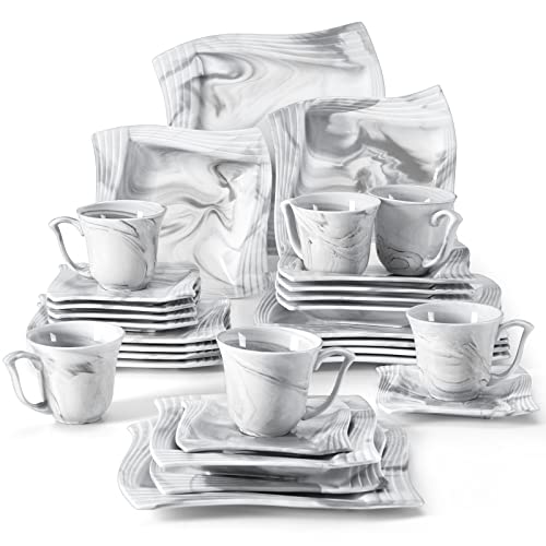 MALACASA Dinner Sets, 30 Pieces Plates and Bowls Set with 6 Piece Dinner Plates/Dessert Plates/Soup Plates/Cups and Saucers, Service for 6, Marbe Grey, Series Amparo