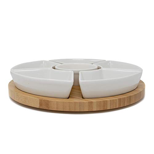 Bamboo Rotating Dip Set | Lazy Susan with 6 Ceramic Dishes | Serving Platters | Snack Dishes with Turntable | Dips, Snacks & Appetisers | M&W