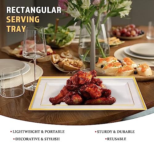 Gikisla Elegant Plastic Serving Platters, 6 Pcs Large Plastic Serving Trays, Rectangle Reusable White&Gold Dinner Plates Set for Parties Snack Food Dessert Sandwiches Cheese Crackers