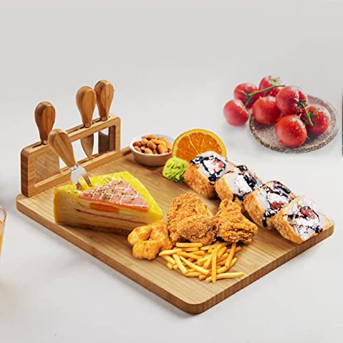 Bamboo Cheese Plate, Cheese Board Set with Cutlery Charcuterie Tray Platter Including 4 Stainless Steel Knife and Serving Utensils for Christmas Wedding Birthday Housewarming Gifts (B, 36cm)