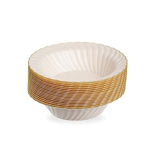 Pack of 18 Elegant Hard Plastic Plates | Serving Plates ~ Cream with Gold Rim Real China Look ~ Washable-Reusable ~ Ideal for Weddings, Parties, Catering (6oz Bowl)