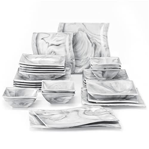 MALACASA Plates and Bowls Set, 26-Piece Dinner Sets with 6-Piece Dinner Plate/Soup Plate/Dessert Plate/Bowl and 2 Serving Platter, Marble Grey Porcelain Dinnerware Set for 6, Series Flora