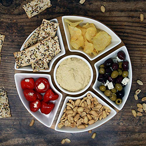 Bamboo Rotating Dip Set | Lazy Susan with 6 Ceramic Dishes | Serving Platters | Snack Dishes with Turntable | Dips, Snacks & Appetisers | M&W