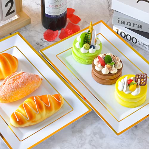 Gikisla Elegant Plastic Serving Platters, 6 Pcs Large Plastic Serving Trays, Rectangle Reusable White&Gold Dinner Plates Set for Parties Snack Food Dessert Sandwiches Cheese Crackers