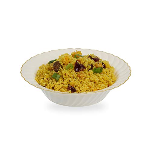 Pack of 18 Elegant Hard Plastic Plates | Serving Plates ~ Cream with Gold Rim Real China Look ~ Washable-Reusable ~ Ideal for Weddings, Parties, Catering (6oz Bowl)