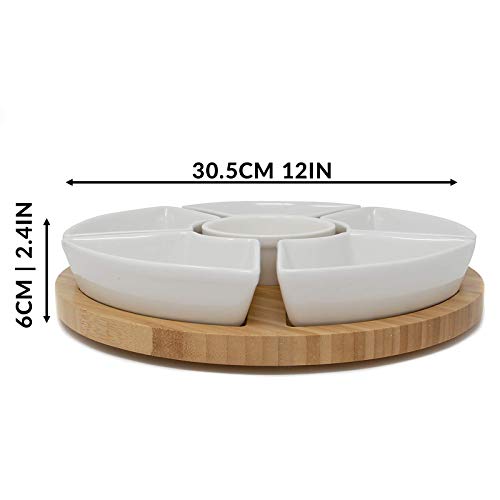 Bamboo Rotating Dip Set | Lazy Susan with 6 Ceramic Dishes | Serving Platters | Snack Dishes with Turntable | Dips, Snacks & Appetisers | M&W