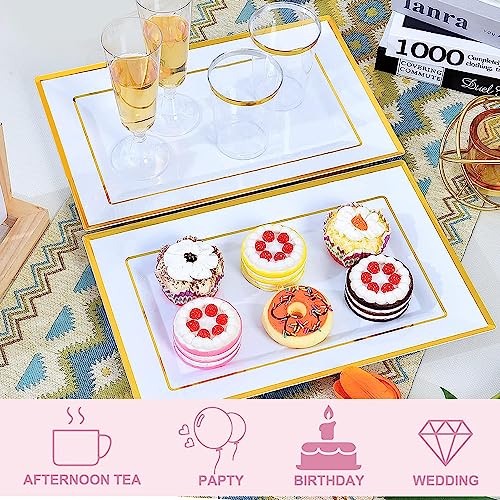 Gikisla Elegant Plastic Serving Platters, 6 Pcs Large Plastic Serving Trays, Rectangle Reusable White&Gold Dinner Plates Set for Parties Snack Food Dessert Sandwiches Cheese Crackers