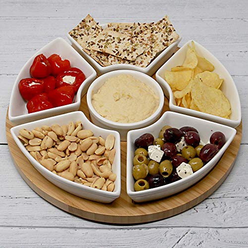 Bamboo Rotating Dip Set | Lazy Susan with 6 Ceramic Dishes | Serving Platters | Snack Dishes with Turntable | Dips, Snacks & Appetisers | M&W