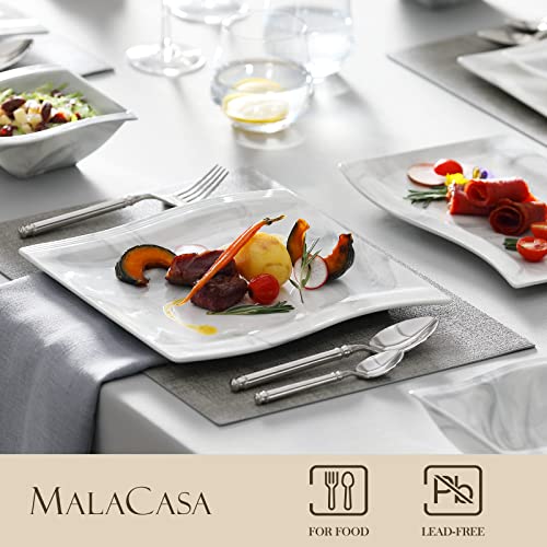 MALACASA Plates and Bowls Set, 26-Piece Dinner Sets with 6-Piece Dinner Plate/Soup Plate/Dessert Plate/Bowl and 2 Serving Platter, Marble Grey Porcelain Dinnerware Set for 6, Series Flora