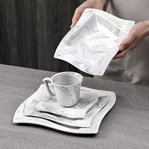MALACASA Dinner Sets, 30 Pieces Plates and Bowls Set with 6 Piece Dinner Plates/Dessert Plates/Soup Plates/Cups and Saucers, Service for 6, Marbe Grey, Series Amparo