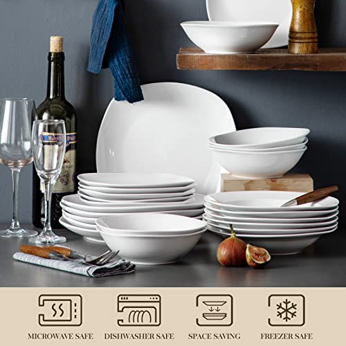 MALACASA, Series Elisa, 24-Piece Dinner Sets Ivory White Porcelain Dinnerware Set with 6-Piece Cereal Bowls, 6-Piece Dinner Plates, 6-Piece Dessert Plates and 6-Piece Deep Soup Plates Service for 6