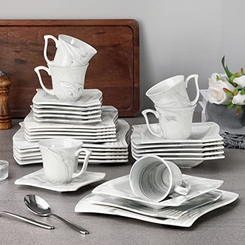 MALACASA Dinner Sets, 30 Pieces Plates and Bowls Set with 6 Piece Dinner Plates/Dessert Plates/Soup Plates/Cups and Saucers, Service for 6, Marbe Grey, Series Amparo